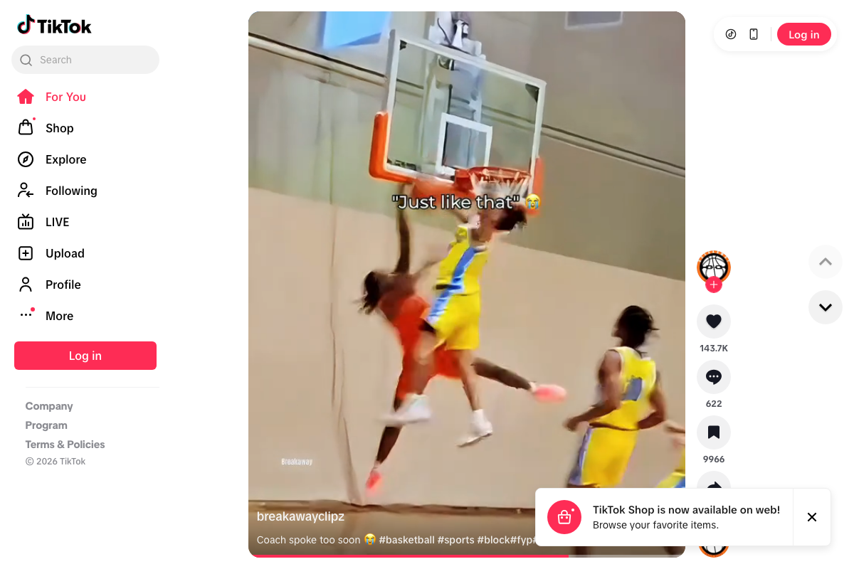 TikTok 'For You' feed showing 143.7K likes, 622 comments, and 9,966 bookmarks in the engagement sidebar