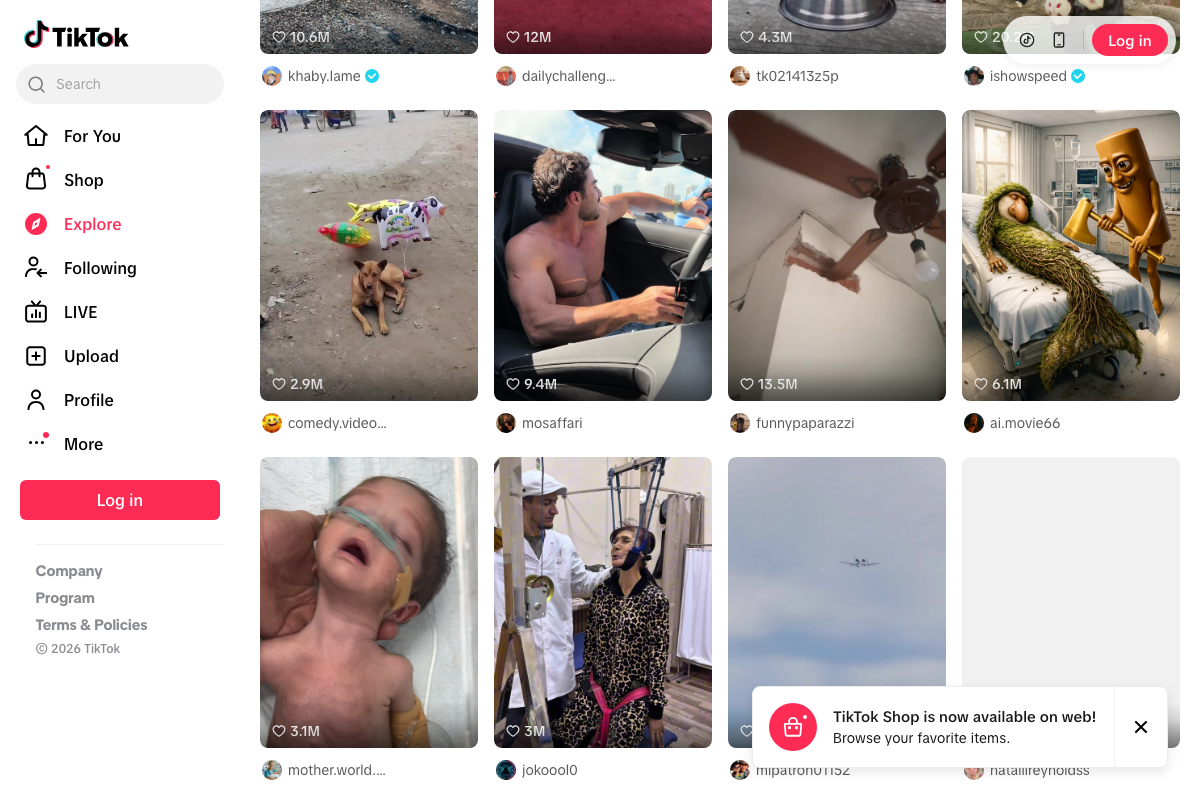TikTok Explore second scroll: 'ai.movie66' with 6.1M likes confirms AI-generated content achieves large organic reach on the platform.