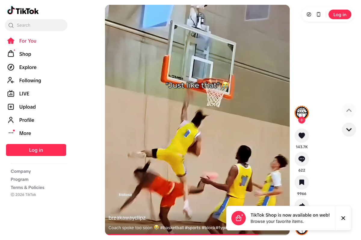 TikTok.com 'For You' feed showing Upload sidebar option and © 2026 TikTok footer