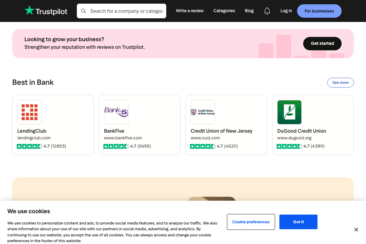 Trustpilot category ranking page confirming structured review counts and the platform's business reputation positioning.