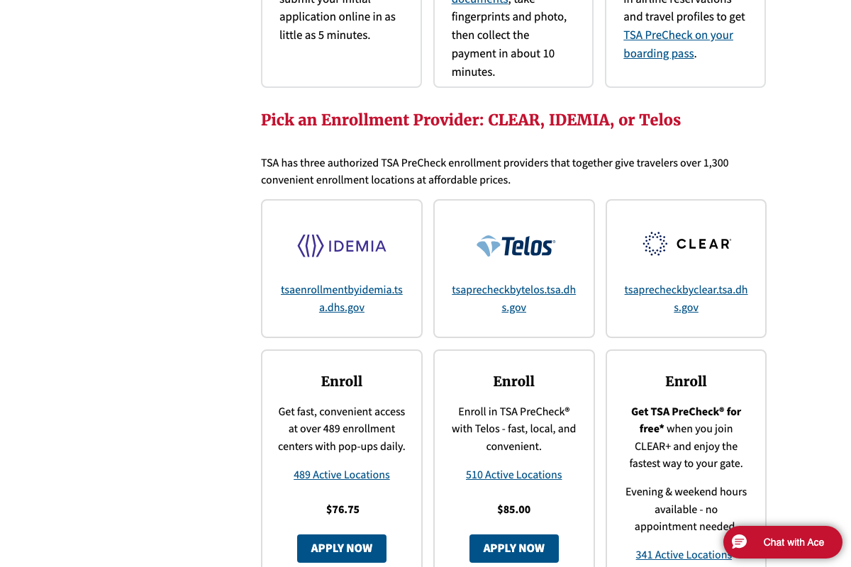 TSA PreCheck enrollment provider comparison: IDEMIA ($76.75), Telos ($85.00), and CLEAR (free with CLEAR+ membership) (tsa.gov, captured May 2026)