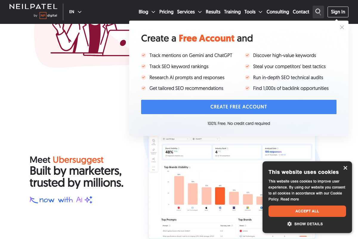 Ubersuggest Brand Visibility dashboard showing citation rate, Industry Rank, Top Prompts, and a ChatGPT platform filter with 90-day date range.