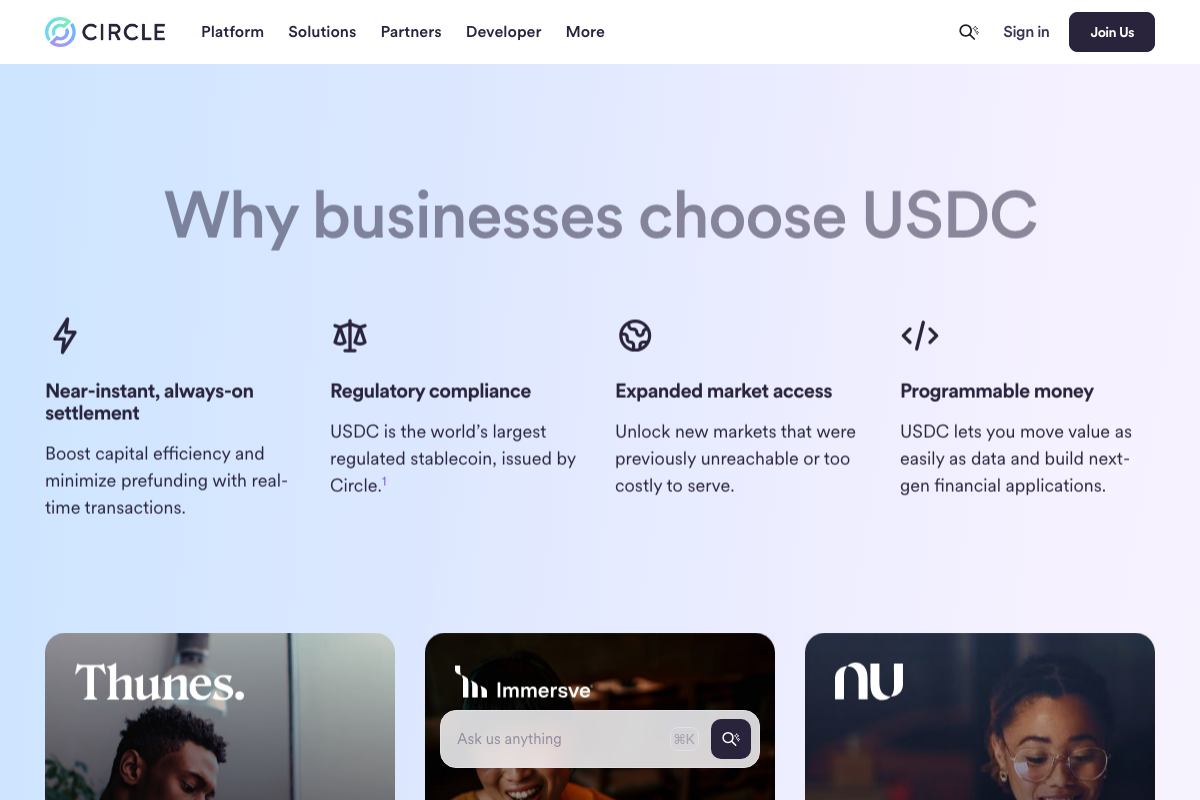Circle USDC page detailing four key properties: near-instant settlement, regulatory compliance, expanded market access, and programmability.