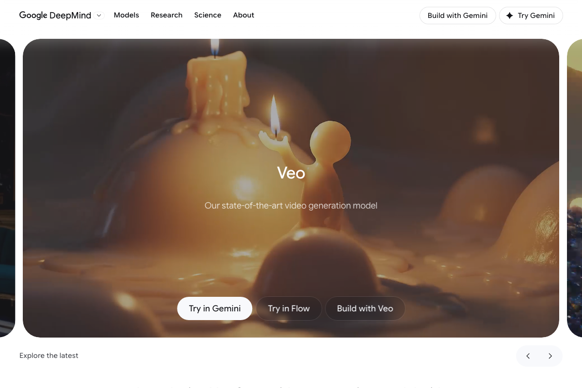 Google DeepMind Veo model page confirming 'state-of-the-art video generation' with access via Gemini, Flow, and API.