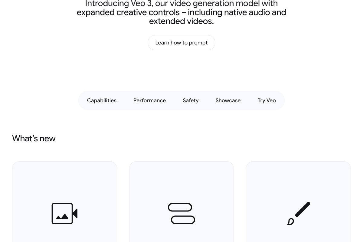 Veo 3 introduction confirming 'expanded creative controls — including native audio and extended videos,' with Safety, Capabilities, and Performance navigation tabs.