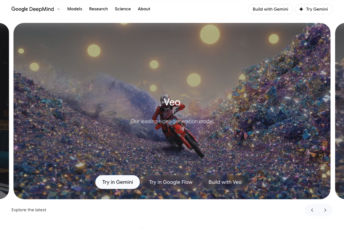 Google DeepMind Veo page confirming Veo 3.1 is the current version, accessible via Gemini, Google Flow, and the Veo API