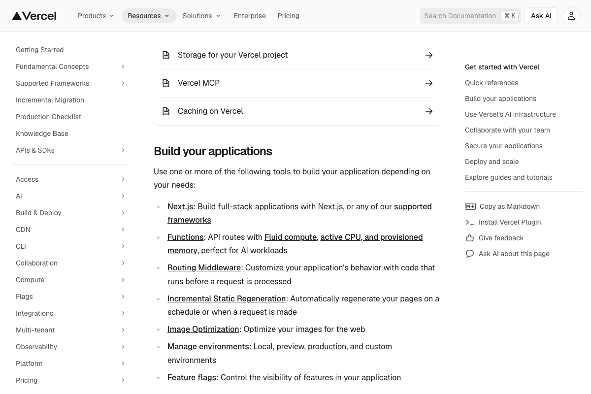 Vercel docs showing Next.js as the primary framework — no extra configuration required beyond a Git connection