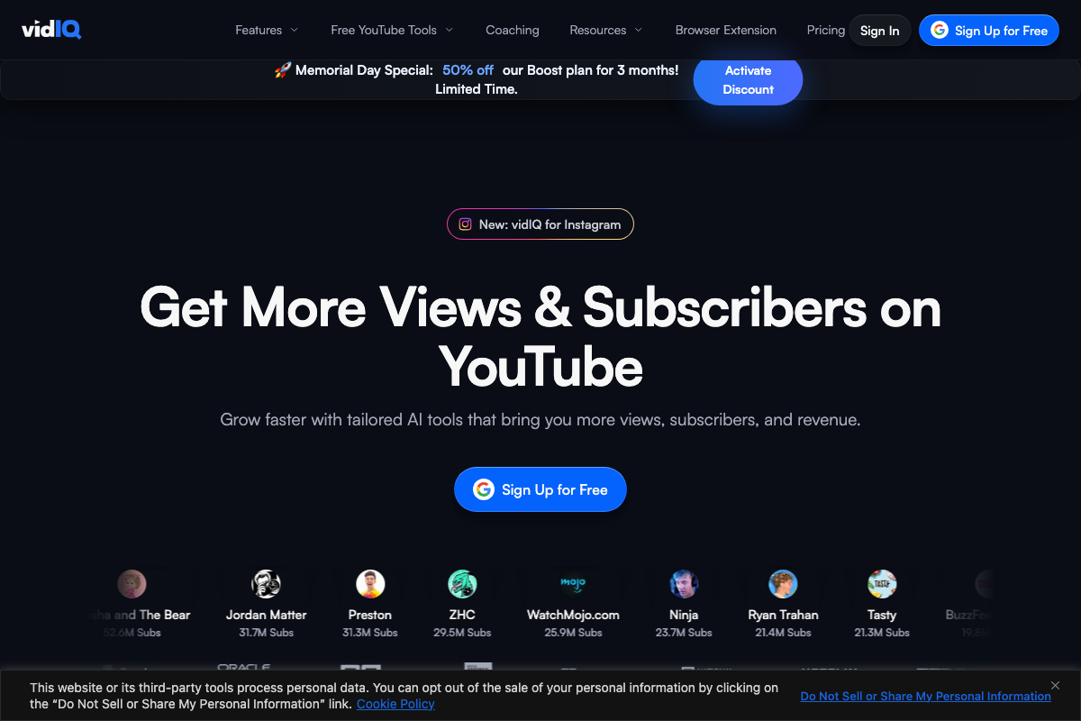 vidIQ homepage hero — AI growth tools positioned around views, subscribers, and revenue; 'Write Scripts' and coaching features address the depth-delivery layer of the method