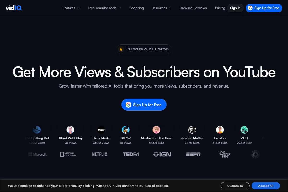 vidIQ homepage: AI-powered YouTube growth tools positioned around views and subscriber metrics, representing the algorithm-optimization paradigm the tutorial frames as less effective than brand building.