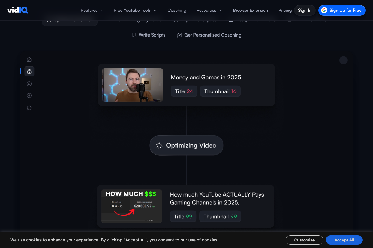 vidIQ in-app video optimization interface showing AI Coach, title scoring, and thumbnail scoring features relevant to a channel format audit.