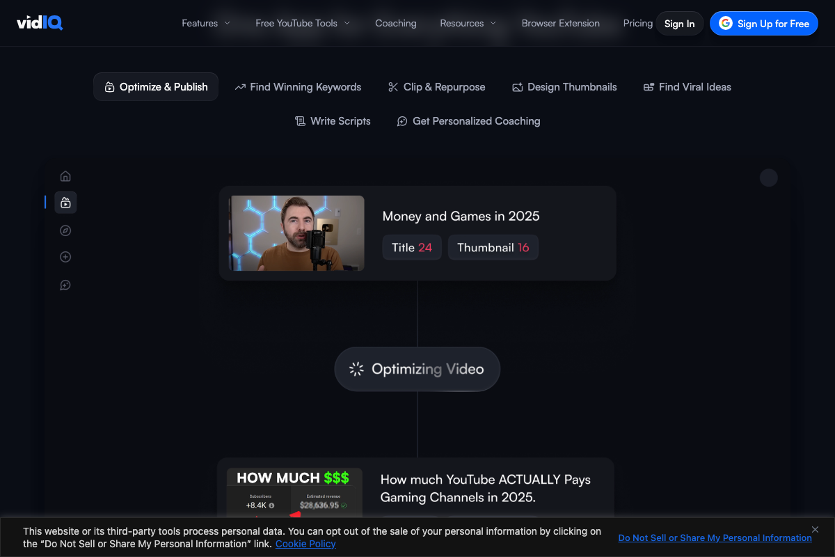 vidIQ in-app dashboard showing the 'Find Viral Ideas' tab — a distinct feature from the browser extension's Outlier score.
