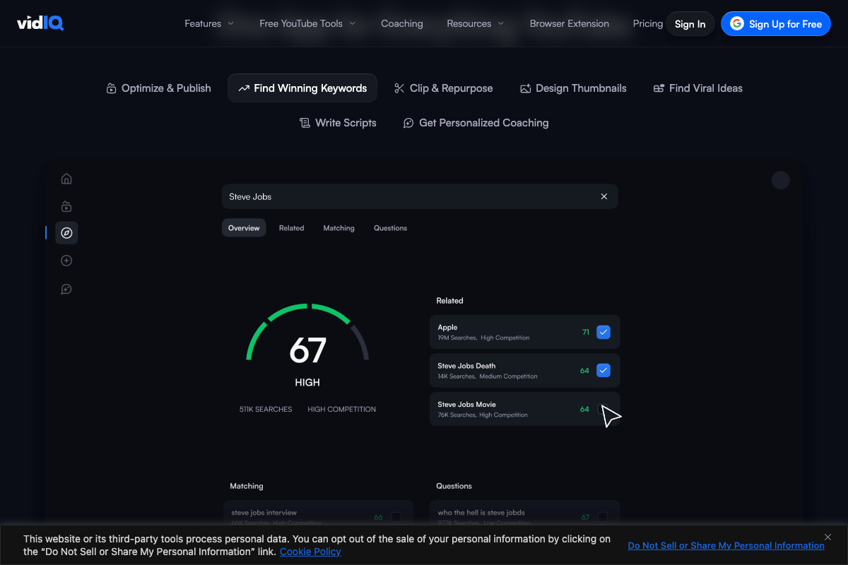 vidIQ's product dashboard showing a 'Clip & Repurpose' feature tab — clip-based content repurposing is a supported and tooled workflow for YouTube creators.