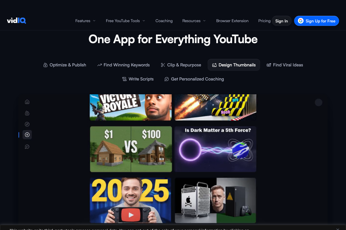vidIQ 'One App for Everything YouTube' features panel — 'Find Viral Ideas' and 'Find Winning Keywords' tabs correspond directly to steps 2 and 4 of the Trojan Horse method