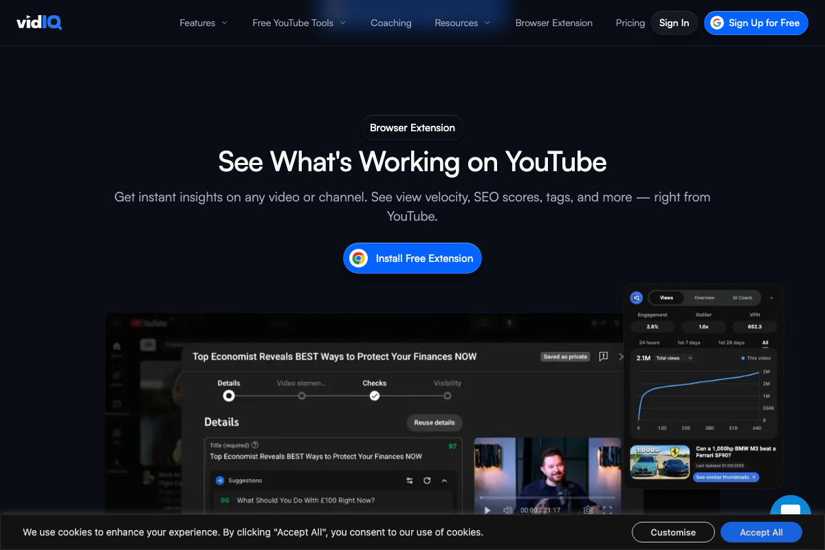vidIQ browser extension product page showing real-time view velocity and SEO score overlays on YouTube — the same signals the tutorial recommends auditing.