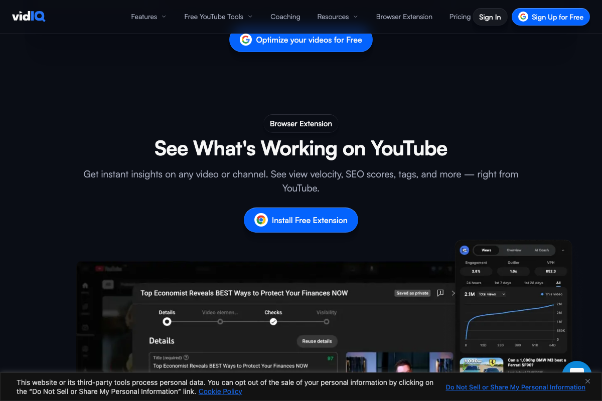 vidIQ Browser Extension section showing in-YouTube side panel with Views, Overview, and AI Coach tabs — Transcript tab not visible