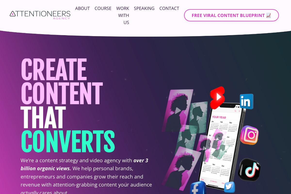 Attentioneers homepage (attentioneers.com) — the content strategy agency behind the Viral Authority System framework presented in the tutorial