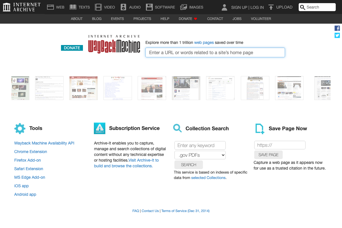 Wayback Machine homepage (web.archive.org) confirming the URL-based lookup interface for step 4, with the Availability API listed under Tools for bulk programmatic queries.
