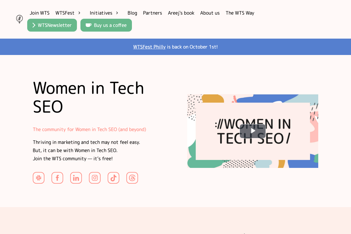 Women in Tech SEO (WTS) homepage confirming the community is free to join and Slack-based, with a WTSFest Philly banner