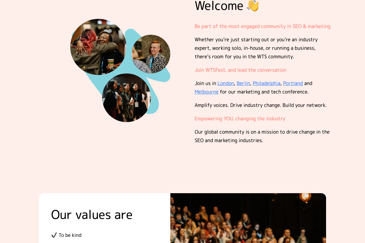WTS community page showing WTSFest locations across five cities and community values