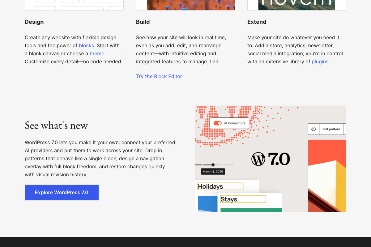 WordPress 7.0 — visual revision history feature relevant to structural freeze planning