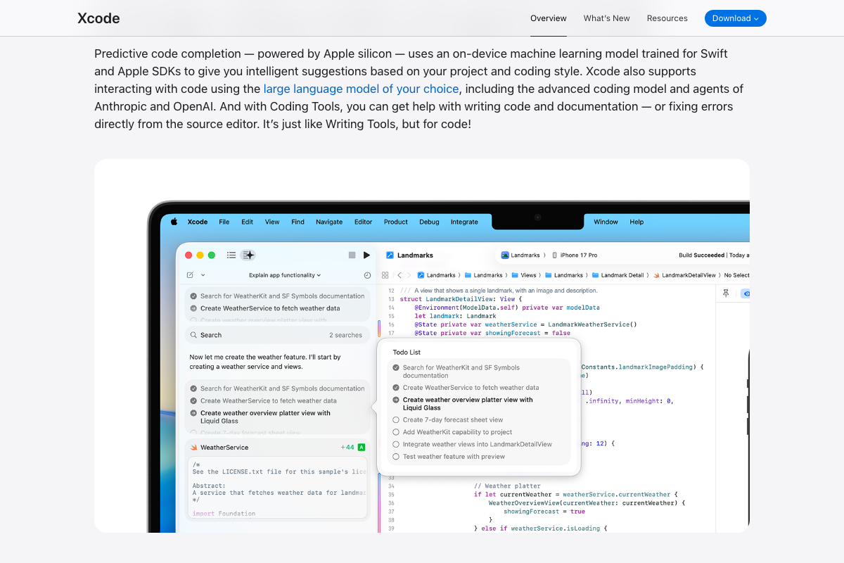 Xcode documentation confirms native Anthropic and OpenAI model support within Xcode's coding intelligence