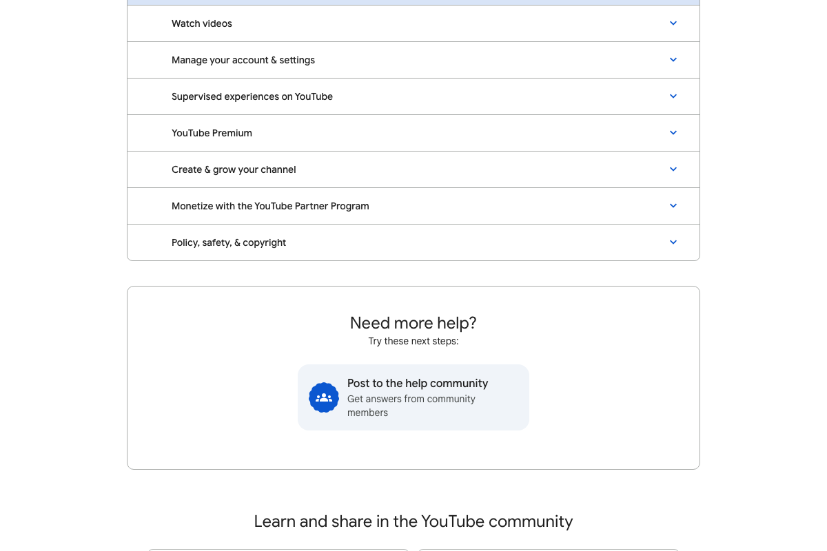YouTube Help topic index — 'Create & grow your channel' is listed but not expanded to AI tool articles.