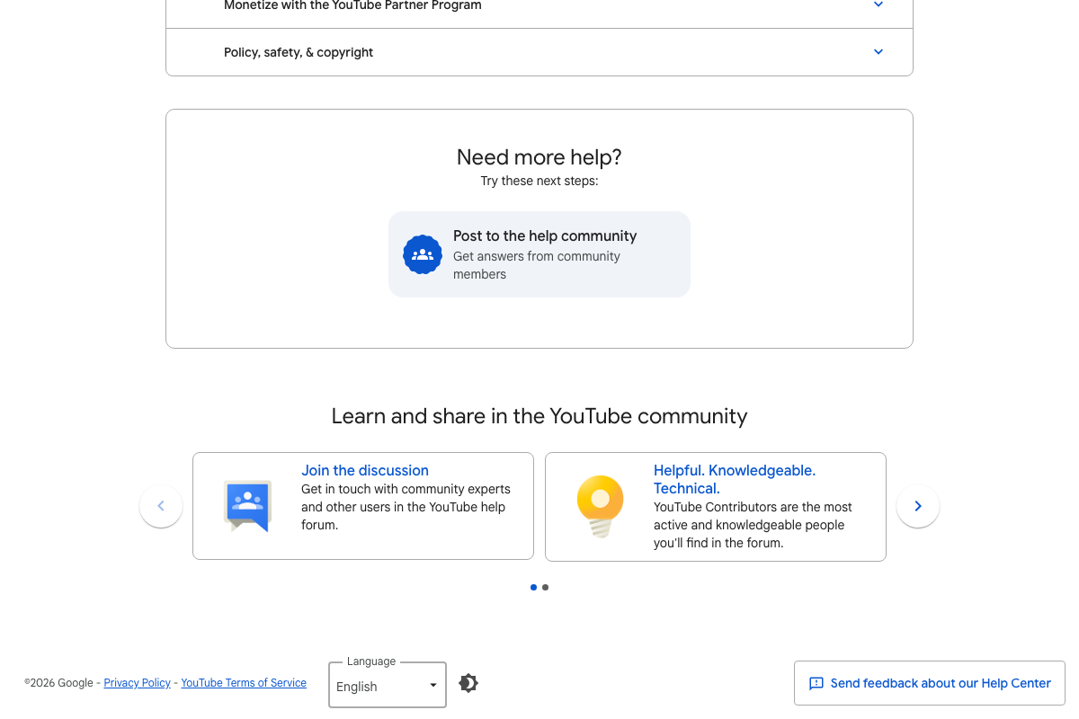 YouTube Help Center footer — ©2026 Google, confirming the page was captured in 2026.