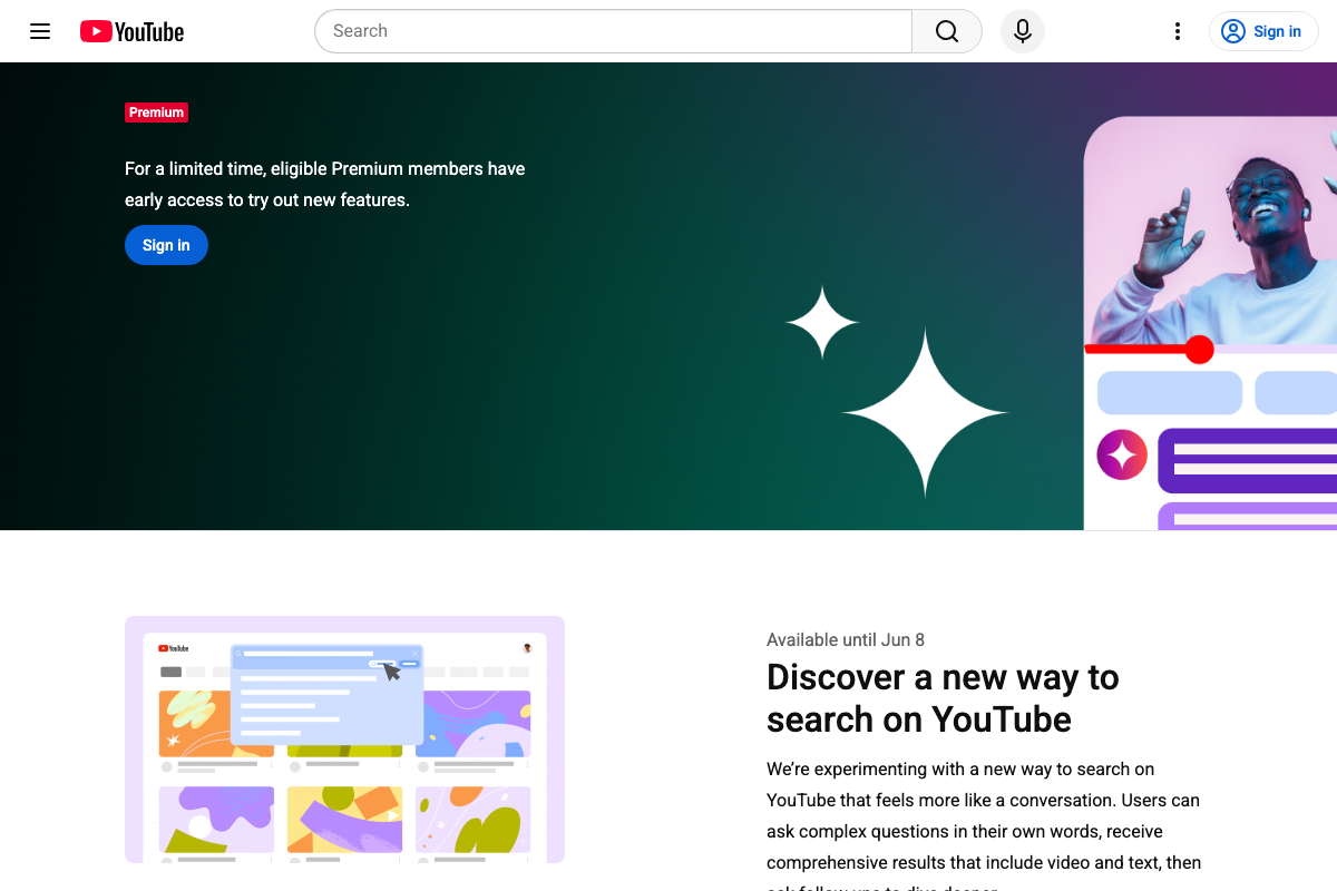youtube.com/new showing the 'Discover a new way to search on YouTube' experiment listing — available to eligible Premium members, with the experiment window noted as 'Available until Jun 8'