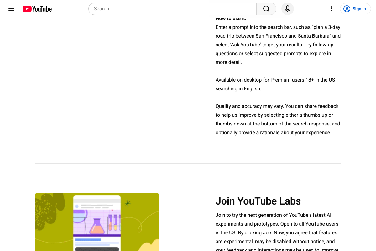 youtube.com/new detail showing Ask YouTube usage instructions — triggered from within the existing search bar; restricted to Premium users 18+ in the US on desktop searching in English