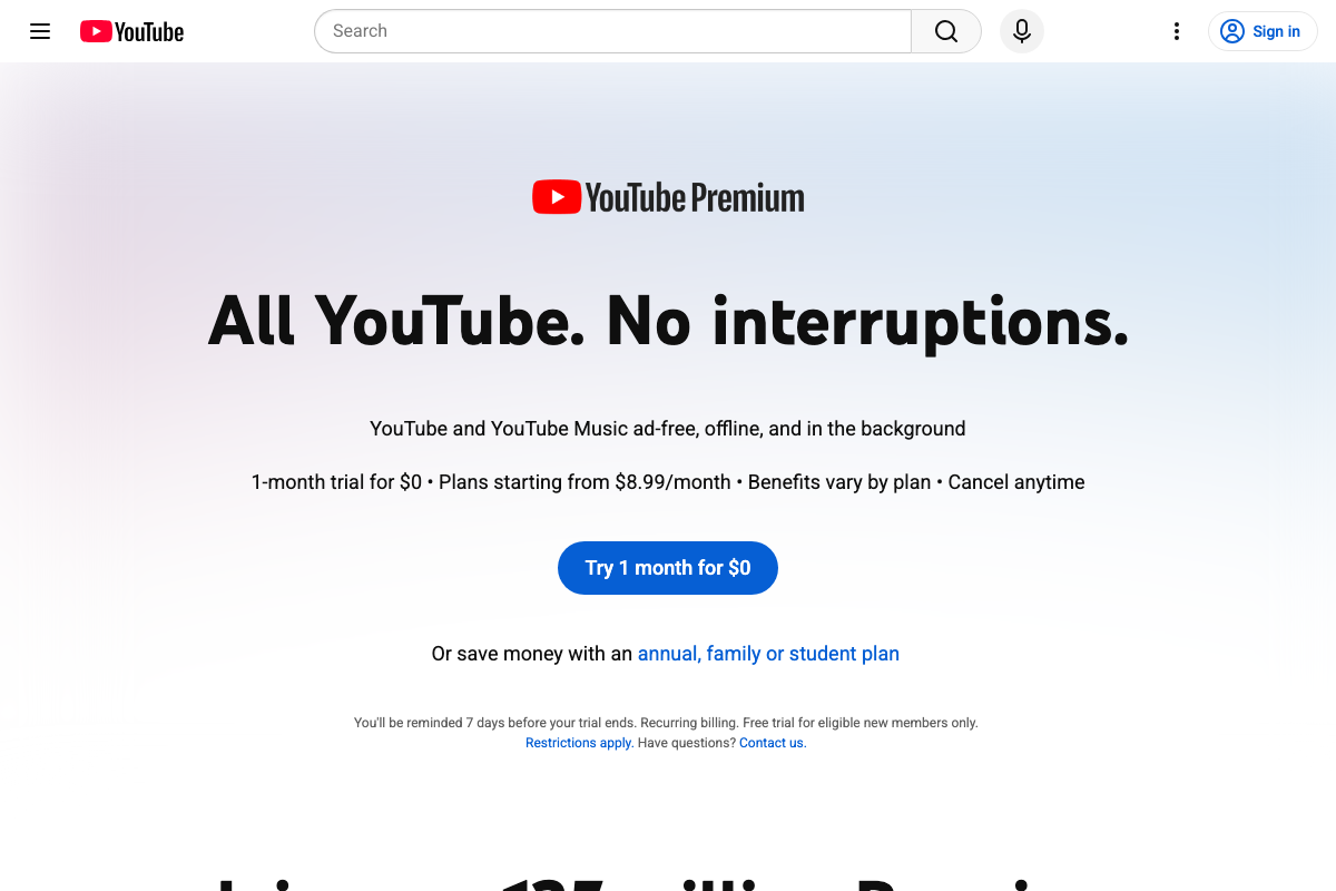 YouTube Premium landing page showing 'All YouTube. No interruptions.' headline — Ask YouTube not listed as a named benefit