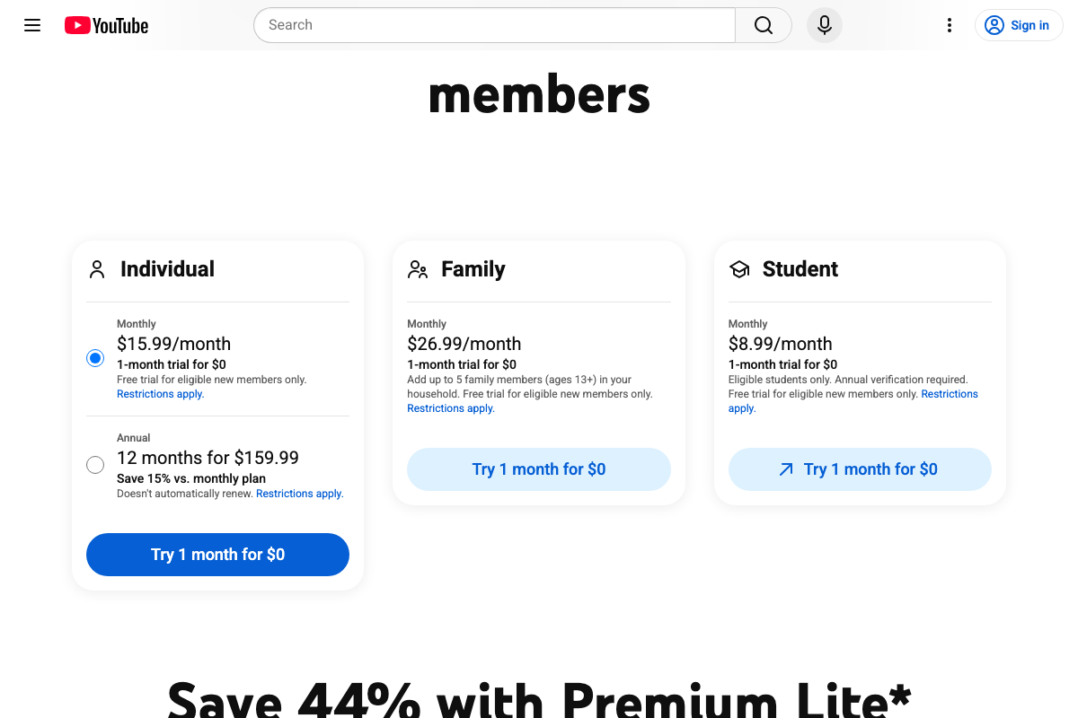 Premium pricing page: Individual $15.99/mo, Family $26.99/mo, Student $8.99/mo — all with 1-month free trial