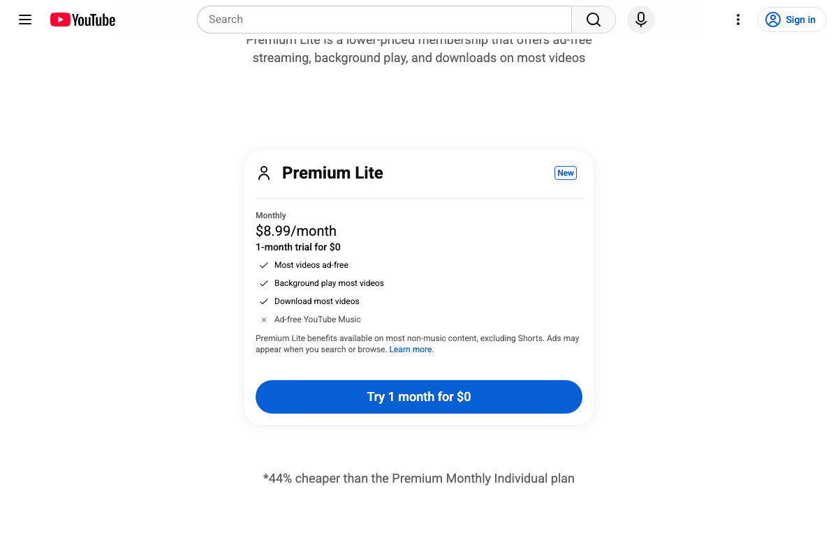 Premium Lite at $8.99/month (tagged 'New') — fine print notes ads may appear when you search or browse