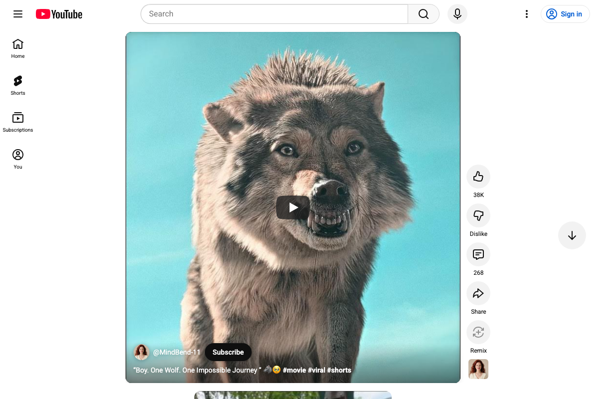The YouTube Shorts feed UI as of 2026 — vertical full-screen player with Like, Dislike, Comments, Share, and Remix engagement actions visible in the sidebar.