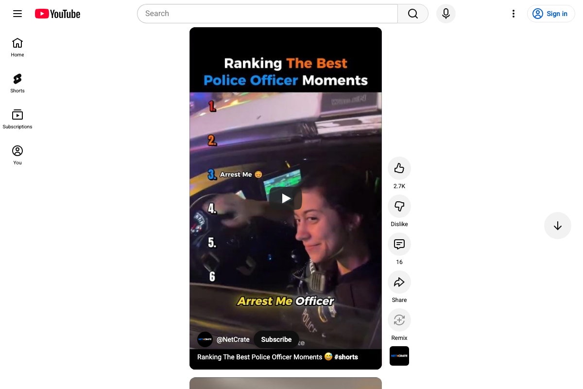 YouTube Shorts player, second screenshot confirming the scroll-feed UI and the absence of any cross-format linking in the example Short.