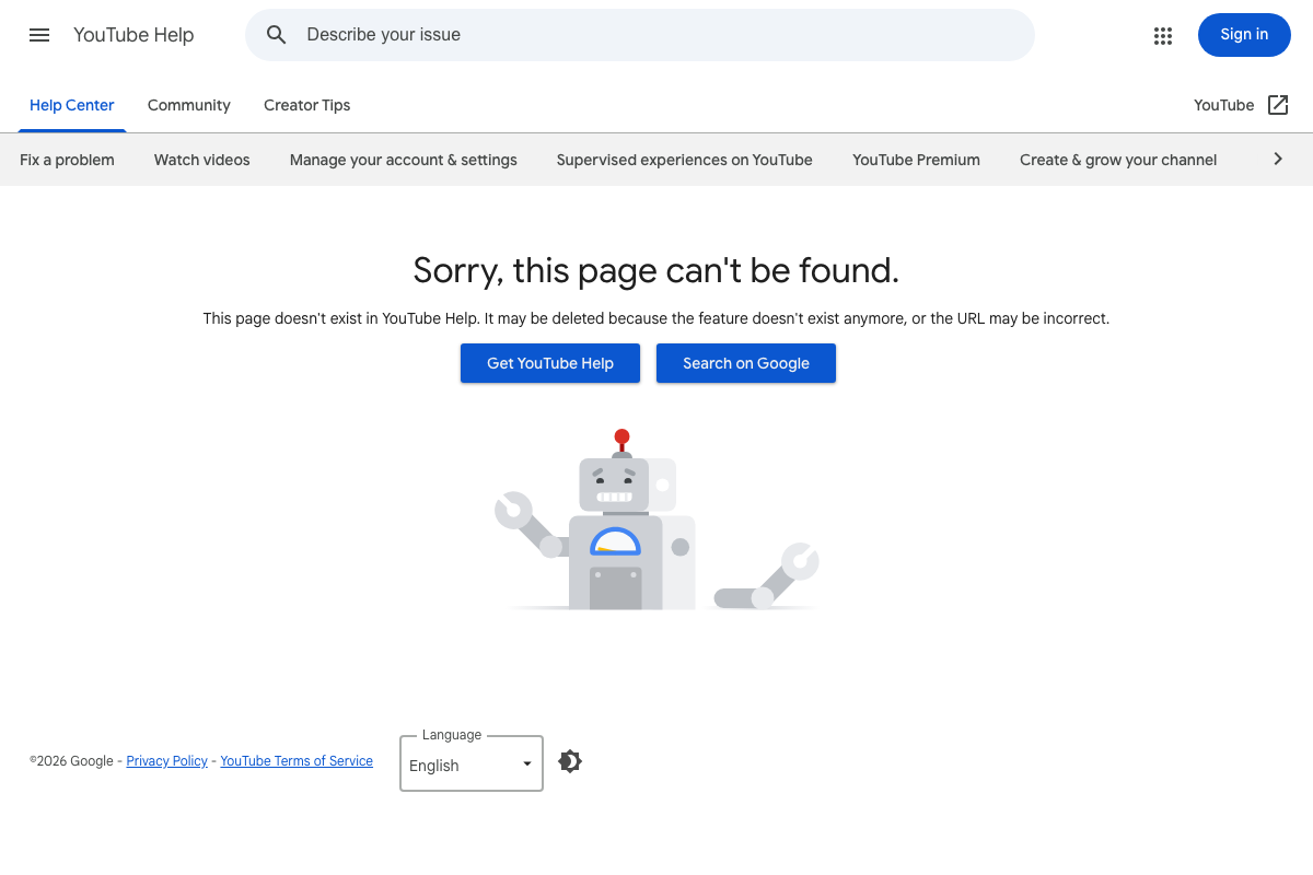 YouTube Help 404 for answer/9449243 — the expected mobile Studio help article is not found; YouTube's own error copy notes the feature may no longer exist