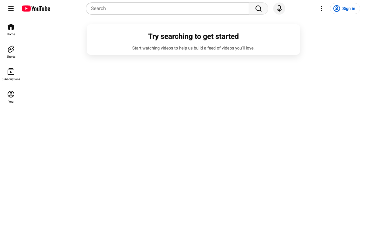 YouTube homepage in logged-out state, confirming search availability without login and Shorts as a primary navigation destination.