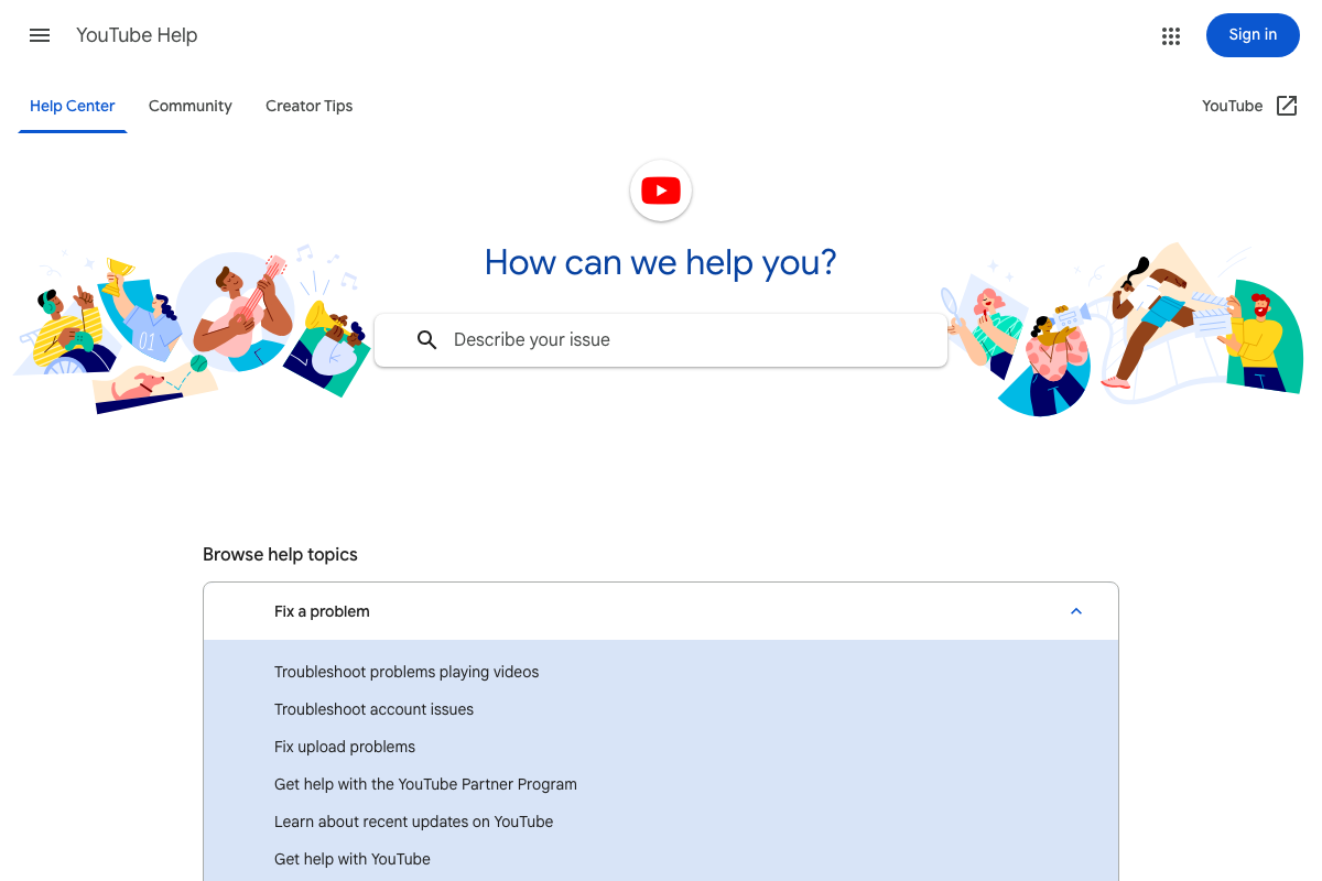 YouTube Help Center homepage — no dedicated Ask YouTube support article is present, consistent with the feature's experimental status