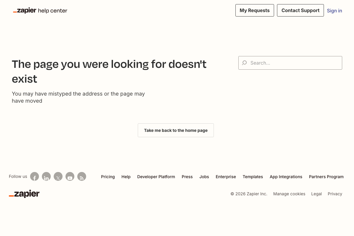 Zapier Help Center 404 page returned for the Zapier Copilot article URL (article ID 16588586811533)