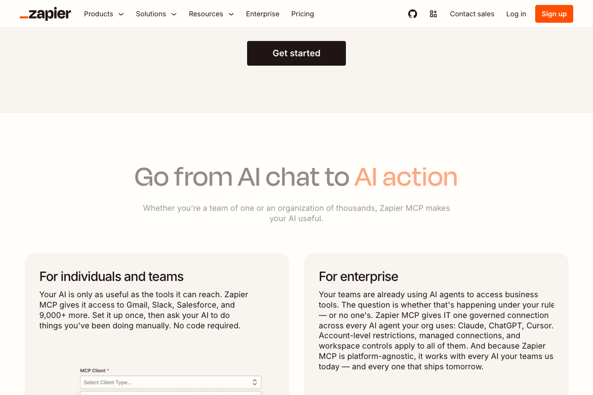 Zapier MCP setup UI showing 'For individuals and teams' vs. 'For enterprise' tiers and MCP Client selector