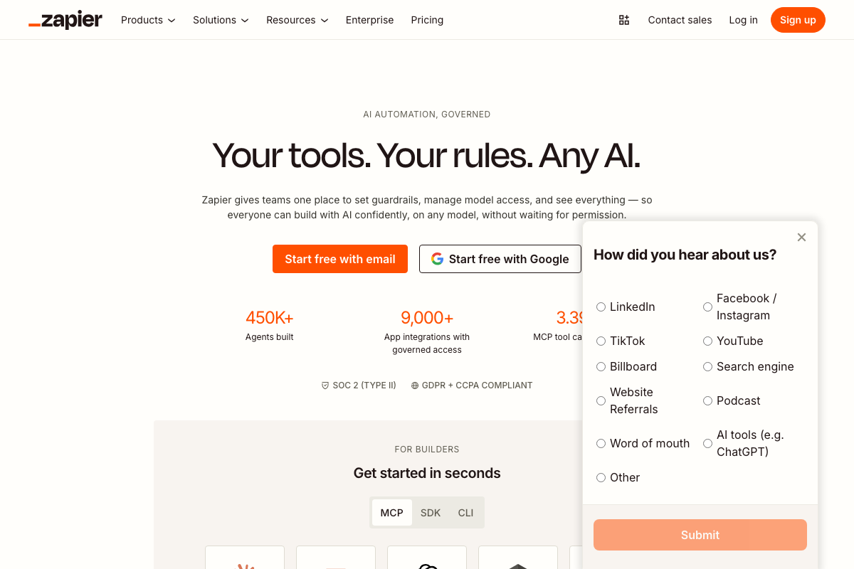 Zapier homepage: 'AI AUTOMATION, GOVERNED' with MCP connectivity metrics and SOC 2 compliance.
