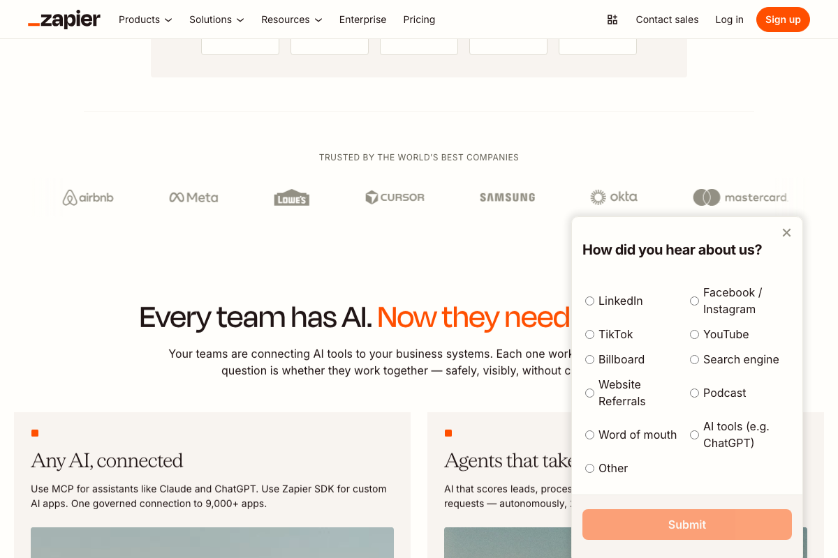 Zapier confirming MCP connectivity for Claude and ChatGPT alongside governed access to 9,000+ integrations.