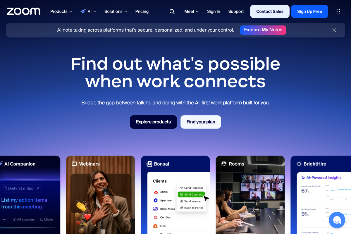 Zoom.us homepage hero section featuring AI Companion, Webinars, Rooms, and third-party integrations including Bonsai and BrightHire.