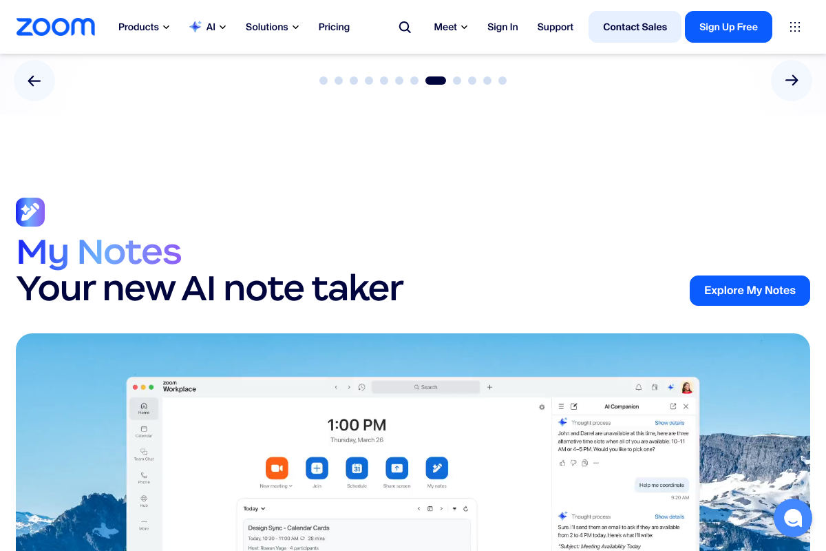 Zoom Workplace 'My Notes' feature page on zoom.us — AI Companion sidebar generating scheduling suggestions alongside a calendar and meeting list.