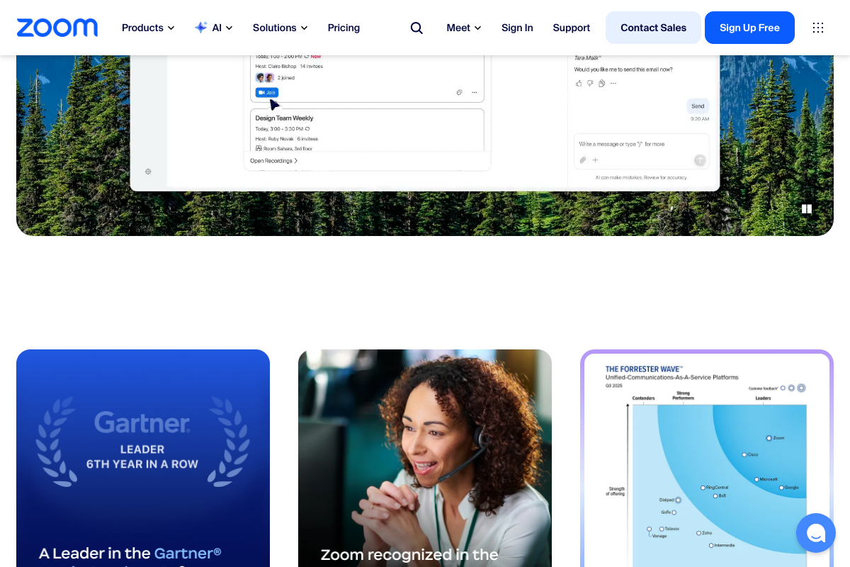 Zoom Workplace in-app meeting list showing the 'Open Recordings' link per meeting, alongside Gartner UCaaS Leader and Forrester Wave Q3 2025 recognition badges.