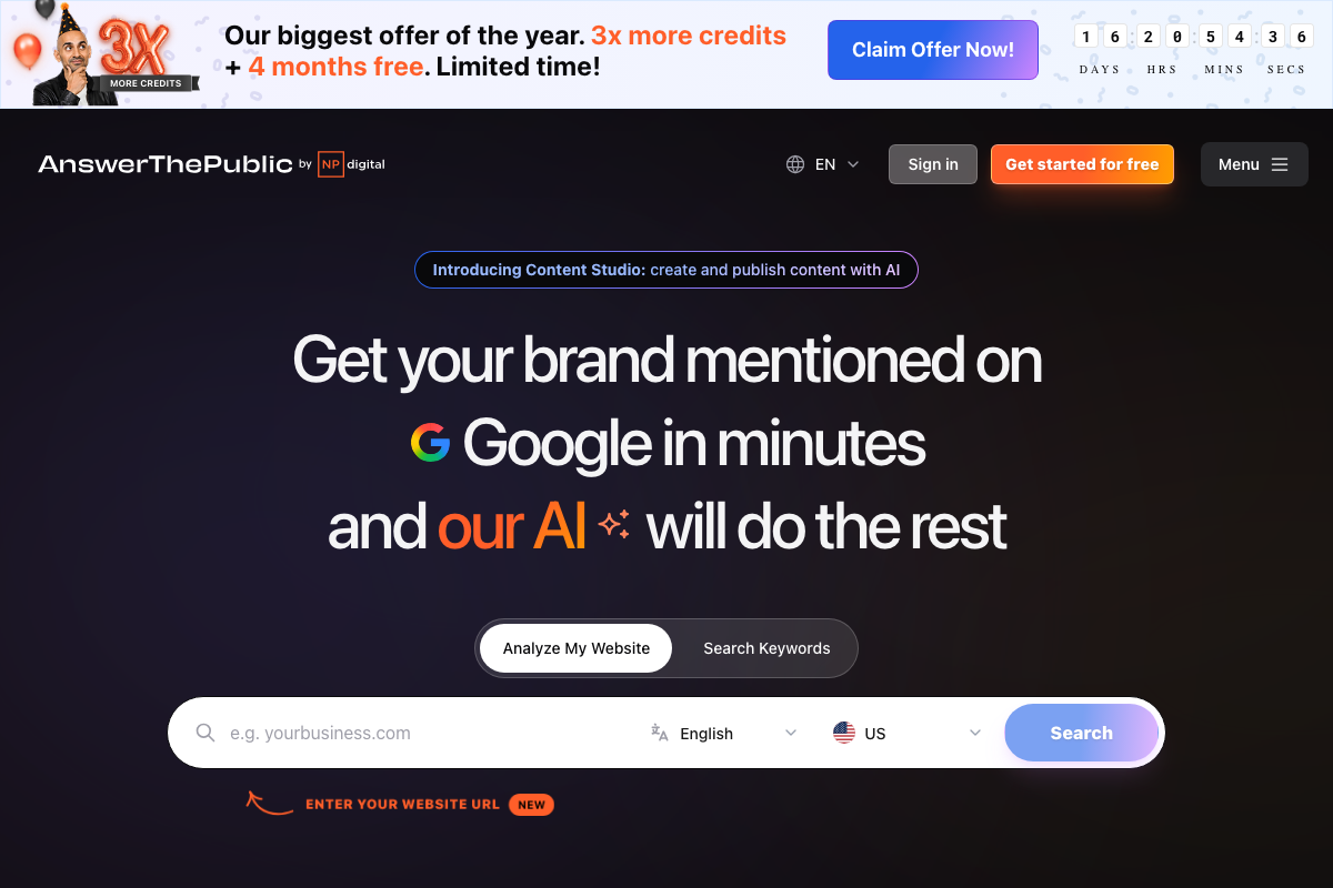 AnswerThePublic homepage — now owned by NP Digital, repositioned as an AI brand visibility and content creation tool