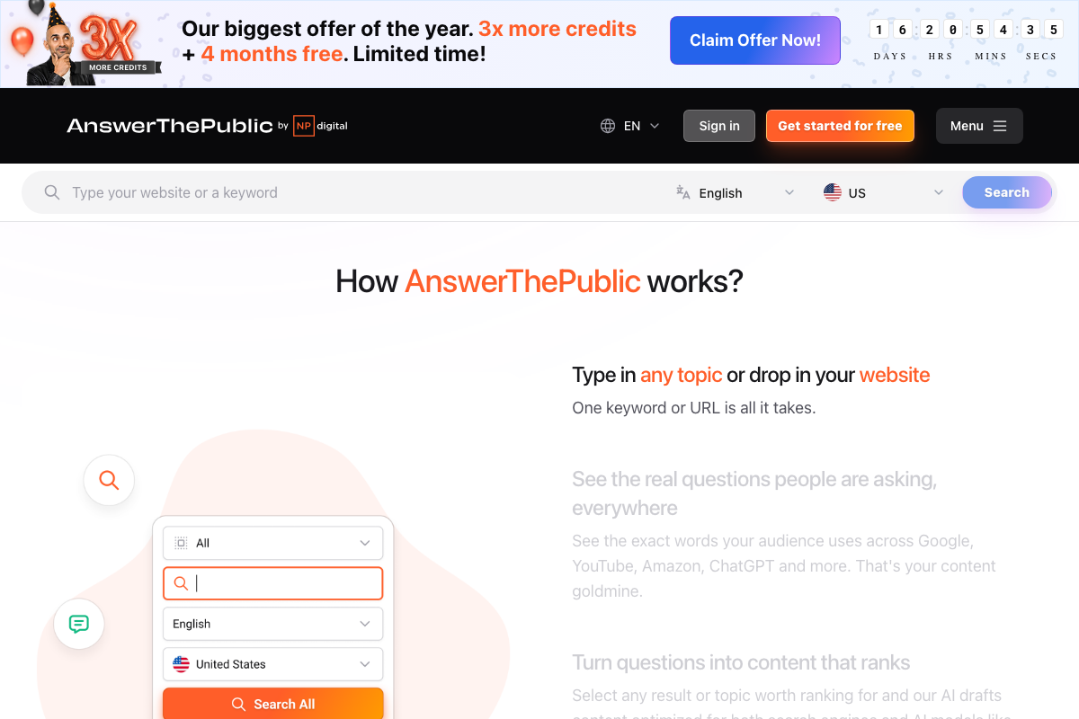 AnswerThePublic 'How it works' — searches Google, YouTube, Amazon, and ChatGPT for real customer questions