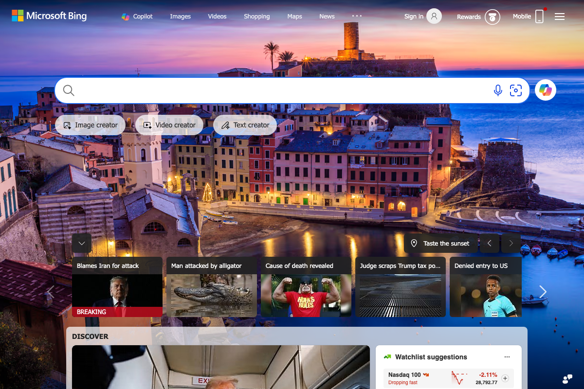 Microsoft Bing homepage with Copilot AI integration visible in the navigation bar