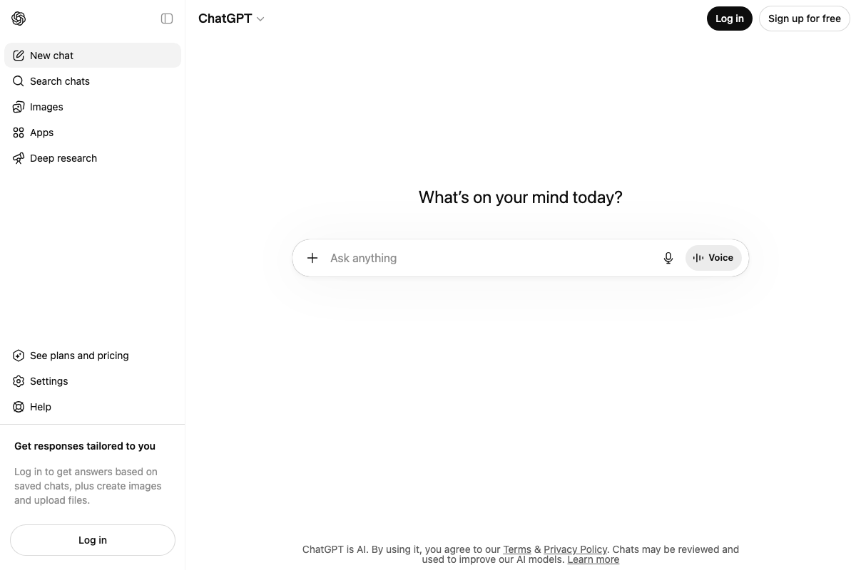 ChatGPT.com logged-out homepage with Deep research visible in sidebar — no active query or GEO result shown