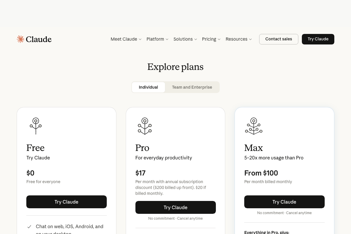 Claude.ai pricing page — three individual tiers: Free ($0), Pro ($17/mo annual), Max ($100+/mo); plan required for MCP access is not specified