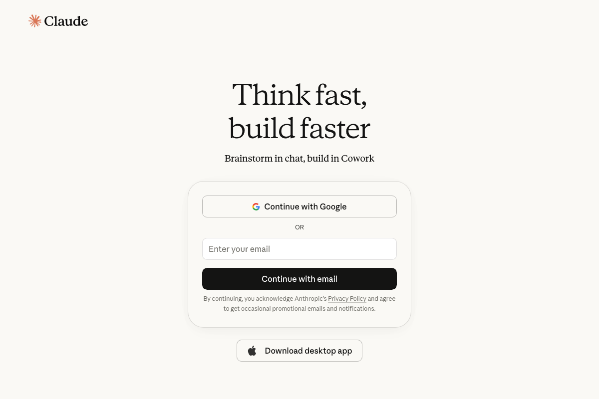 Claude.ai sign-in page confirming 'Cowork' as an officially named surface within the Claude product